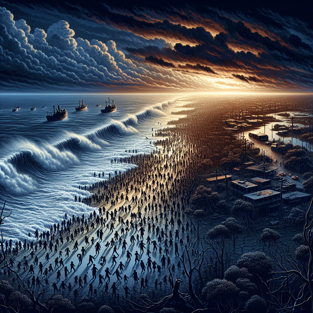 Create an impressive illustration that captures the theme of climate change causing the evacuation of an entire nation, without portraying any specifi