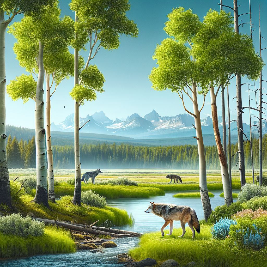 Visualize a serene natural scene in Yellowstone National Park with subtle signs of a flourishing ecosystem. Focus on a couple of gray wolves in the di