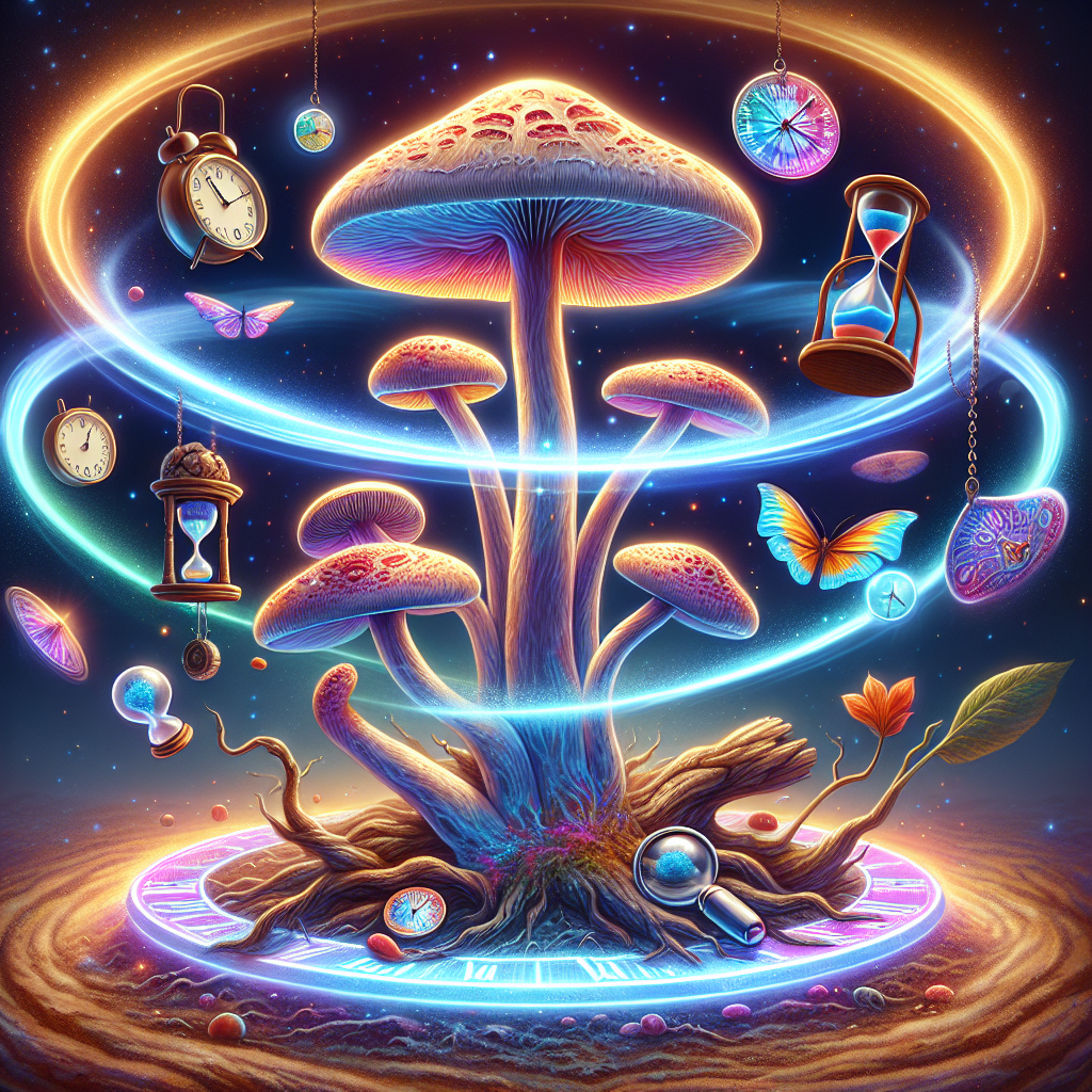 Illustration inspired by the concept of Psilocybin’s potential to delay aging and extend lifespan. The scene should be realistic and display a mushroo
