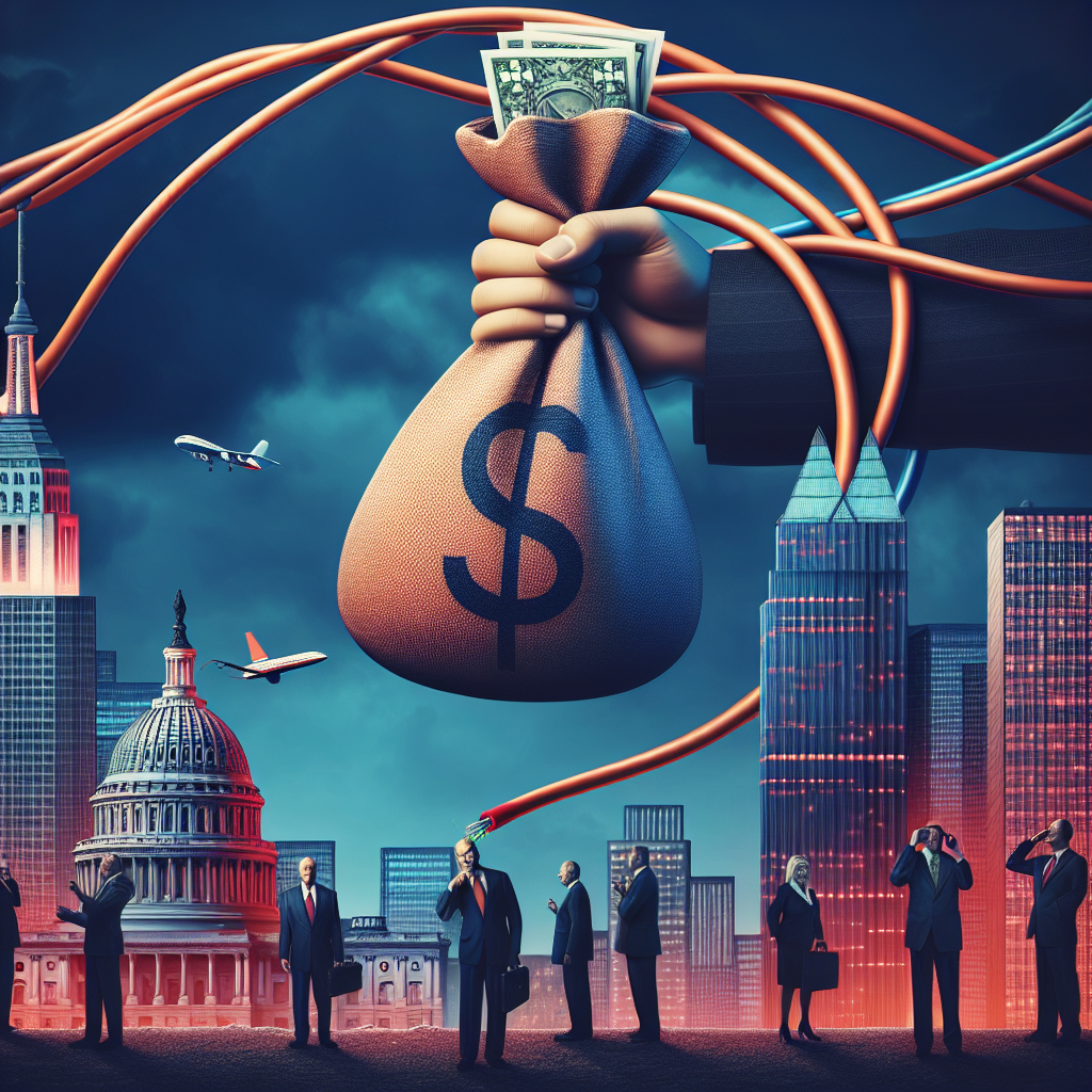 Create a realistic yet conceptual image showing the theme of withholding funds from states offering affordable broadband. This could include symbolic