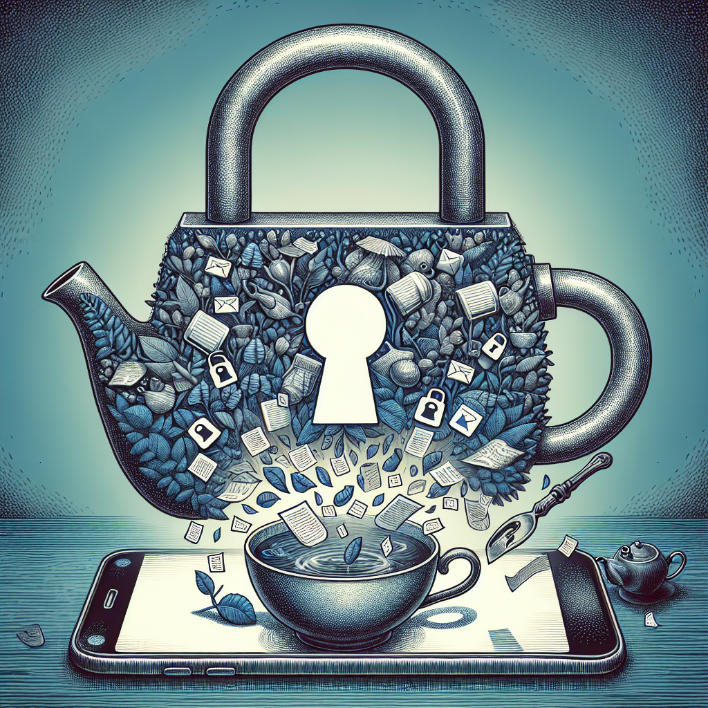 Create a highly detailed illustration that captures the essence of a dilemma faced by a hypothetical tea-themed mobile application. The image should s