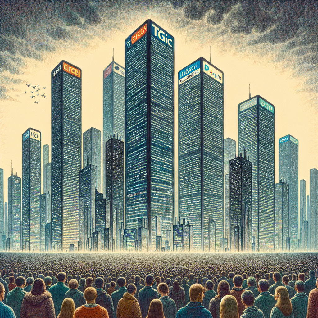 Create an illustration inspired by the concept of a 'Corporate Dictatorship'. The scene should depict a typical city skyline punctuated by massive sky